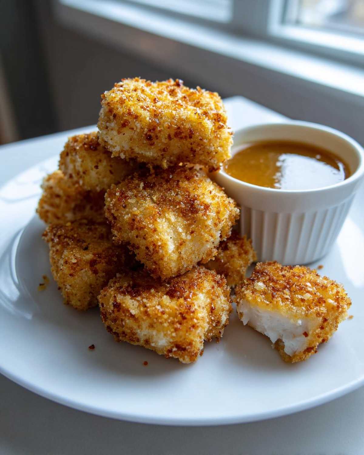 A stack of golden brown Crispy Chicken Nuggets with Honey Garlic Dip served on a white plate.