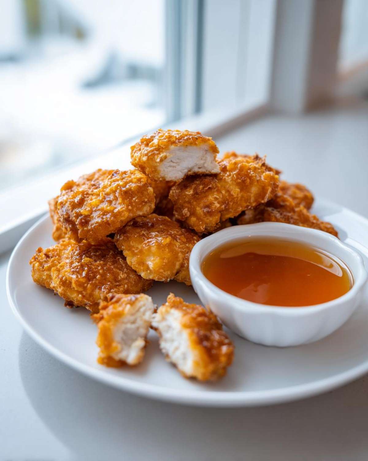 A plate of golden, crispy chicken nuggets served with a small bowl of honey garlic dip.