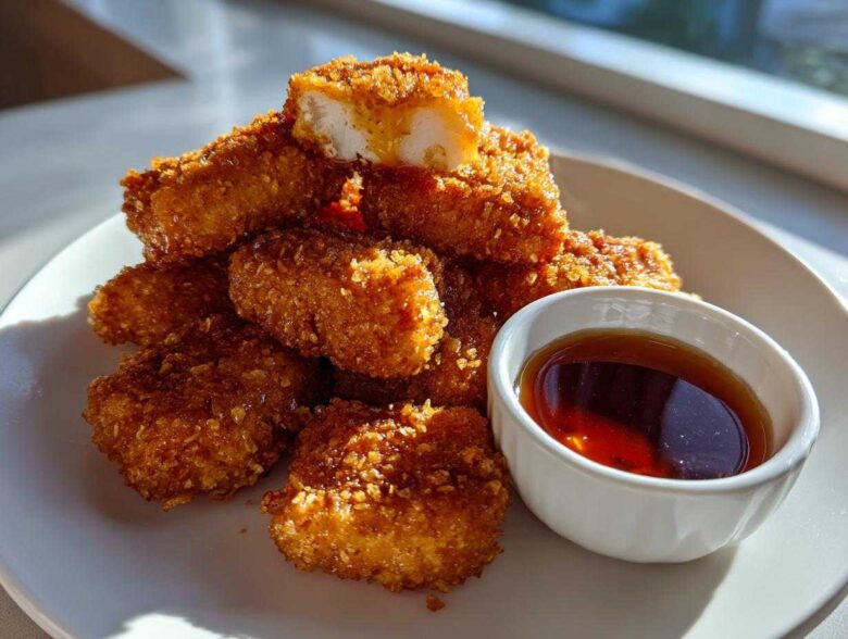 A pile of golden brown, crispy chicken nuggets served with a small white bowl of dark honey garlic dip.