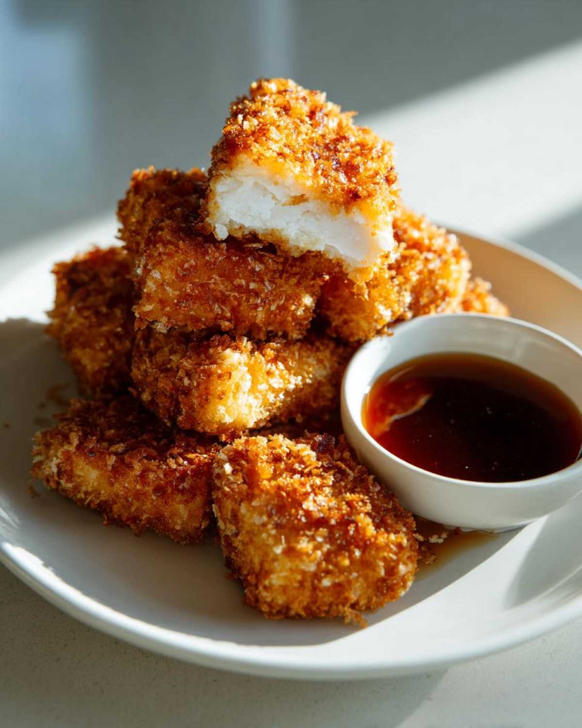 A stack of golden brown Crispy Chicken Nuggets with Honey Garlic Dip, one nugget cut open showing white meat.