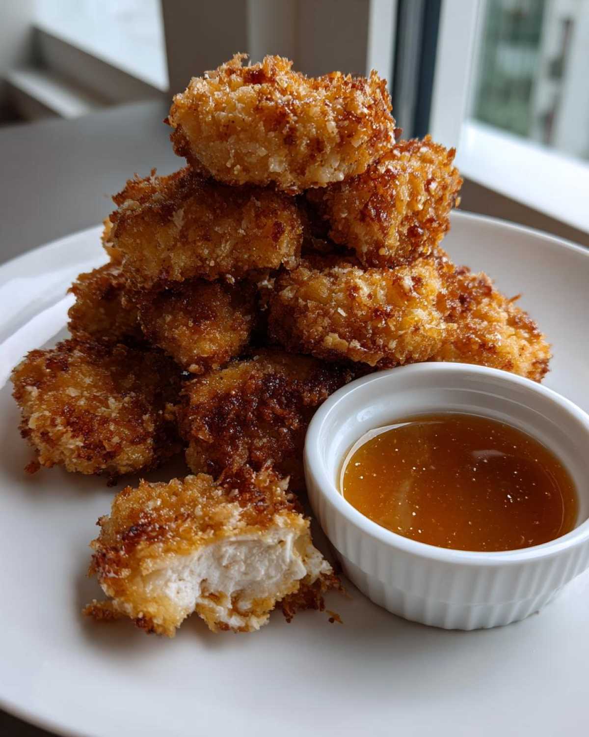 A stack of golden brown Crispy Chicken Nuggets with Honey Garlic Dip served on a white plate.