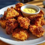 A plate piled high with golden brown Crispy Chicken Nuggets served with a small bowl of bright yellow honey mustard dip.