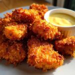 A plate piled high with golden brown, crispy chicken nuggets served next to a small white ramekin of honey mustard dip.
