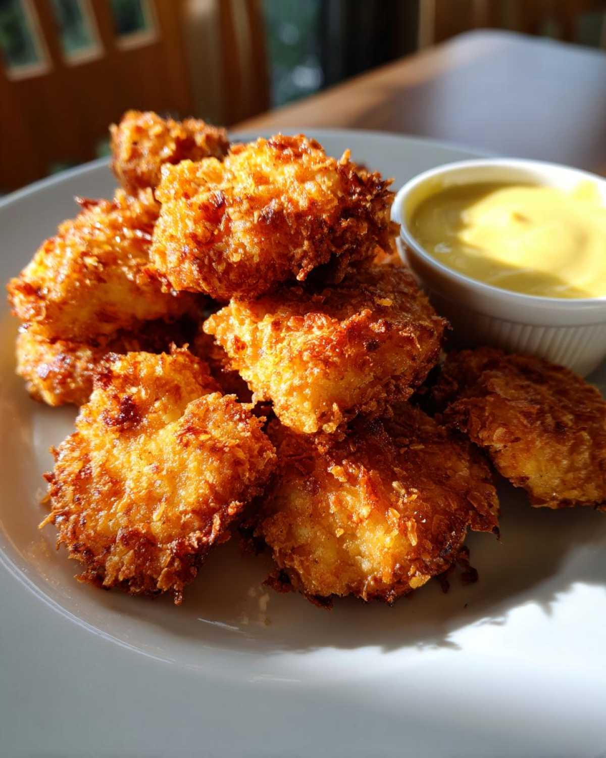 A pile of golden brown, crispy chicken nuggets served with a side of bright yellow honey mustard dip.