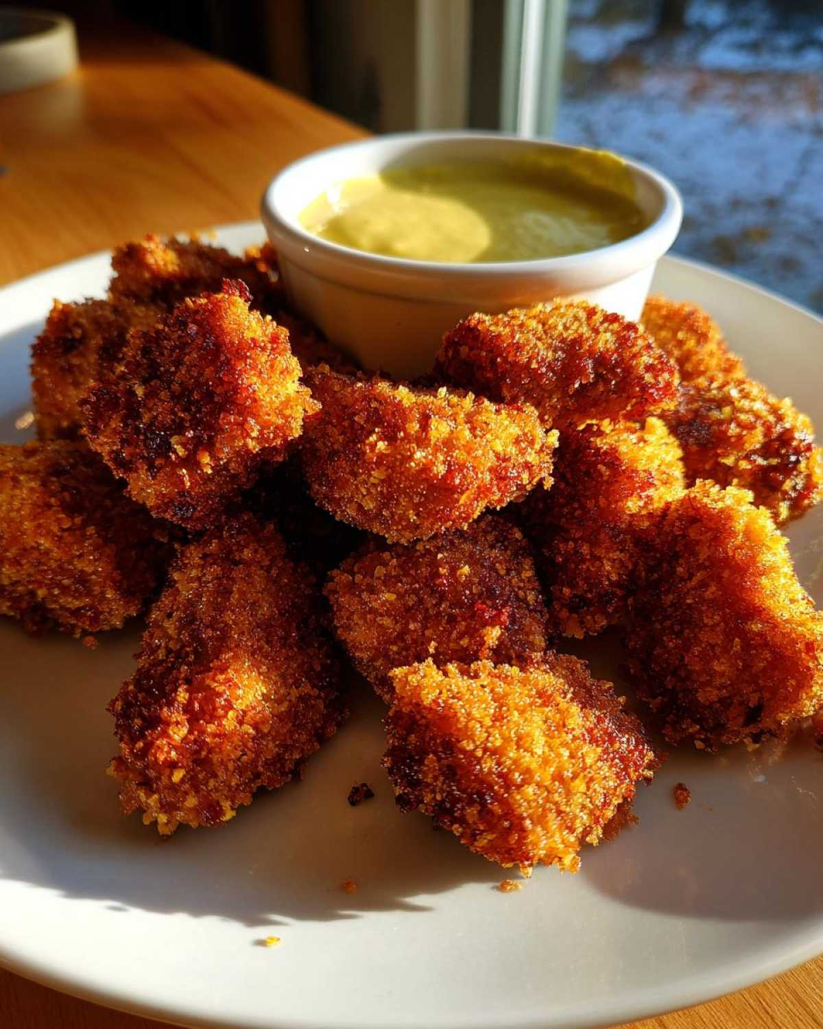 A pile of golden brown, crispy chicken nuggets served with a small bowl of honey mustard dip.