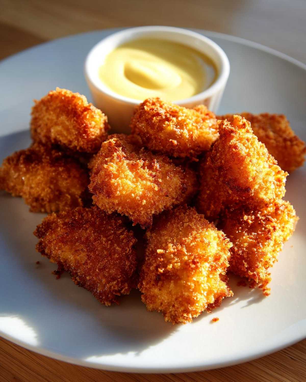 A pile of golden brown, crispy chicken nuggets served with a small bowl of bright yellow honey mustard dip.