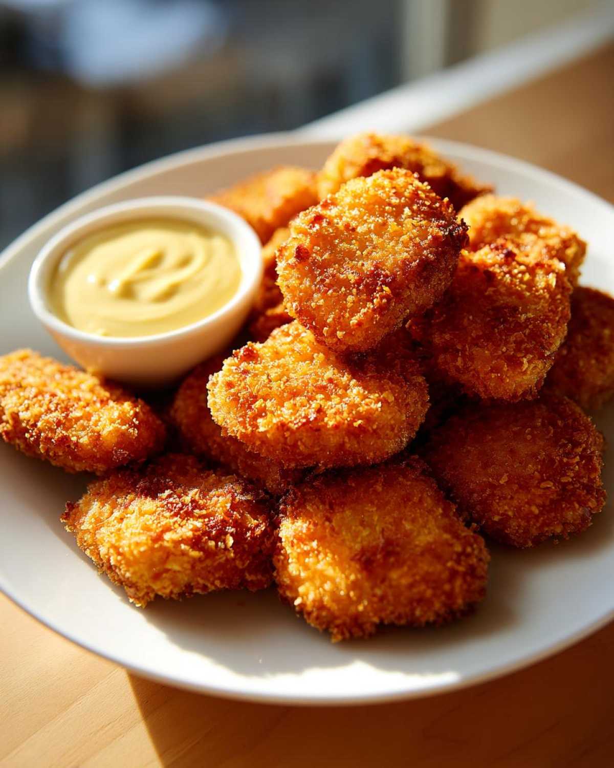 A pile of golden, crispy chicken nuggets served on a white plate next to a small bowl of honey mustard dip.
