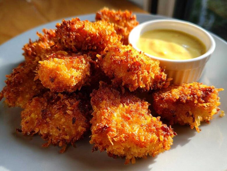 A plate piled high with golden brown, crispy chicken nuggets served next to a small white ramekin of honey mustard dip.