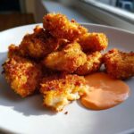 A pile of golden brown, crispy chicken nuggets served with a dollop of orange spicy mayo on a white plate.