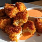 A pile of golden brown, extra crispy chicken nuggets served with a side of orange-hued spicy mayo for dipping.