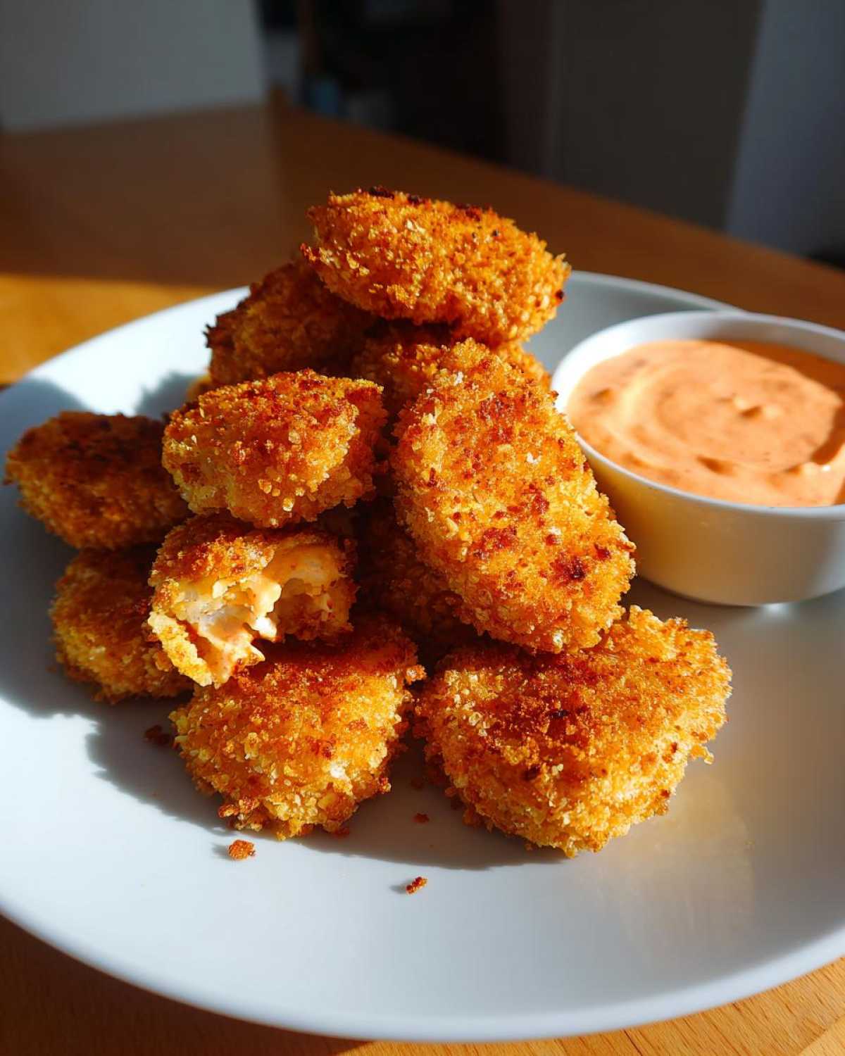 A pile of golden brown, crispy chicken nuggets served with a small bowl of orange spicy mayo dip.