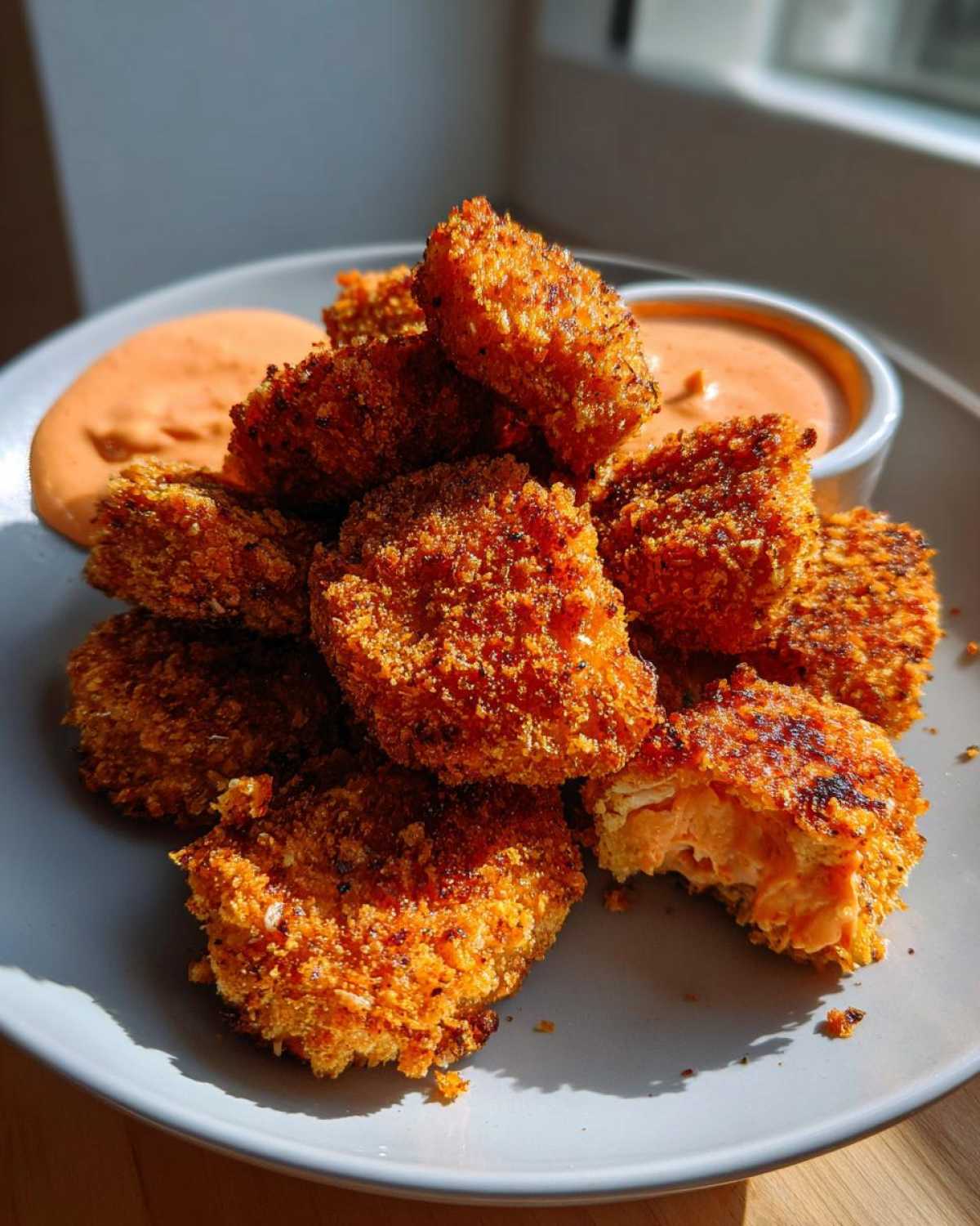 A pile of golden brown, crispy chicken nuggets served with a side of orange spicy mayo dipping sauce.