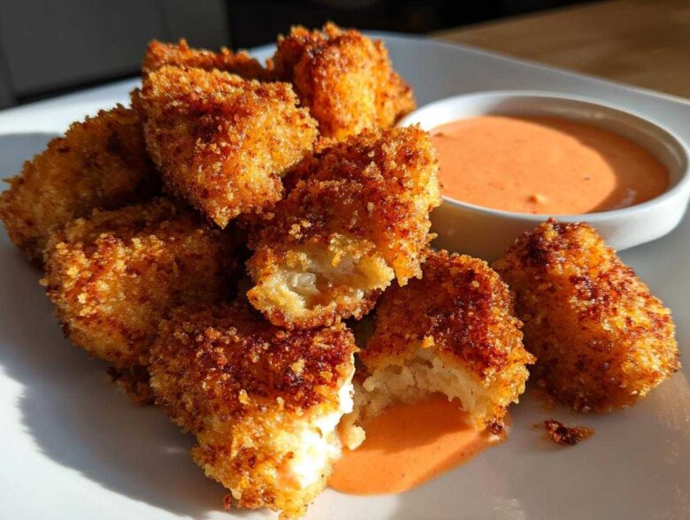 A pile of golden brown, extra crispy chicken nuggets served with a side of orange-hued spicy mayo for dipping.