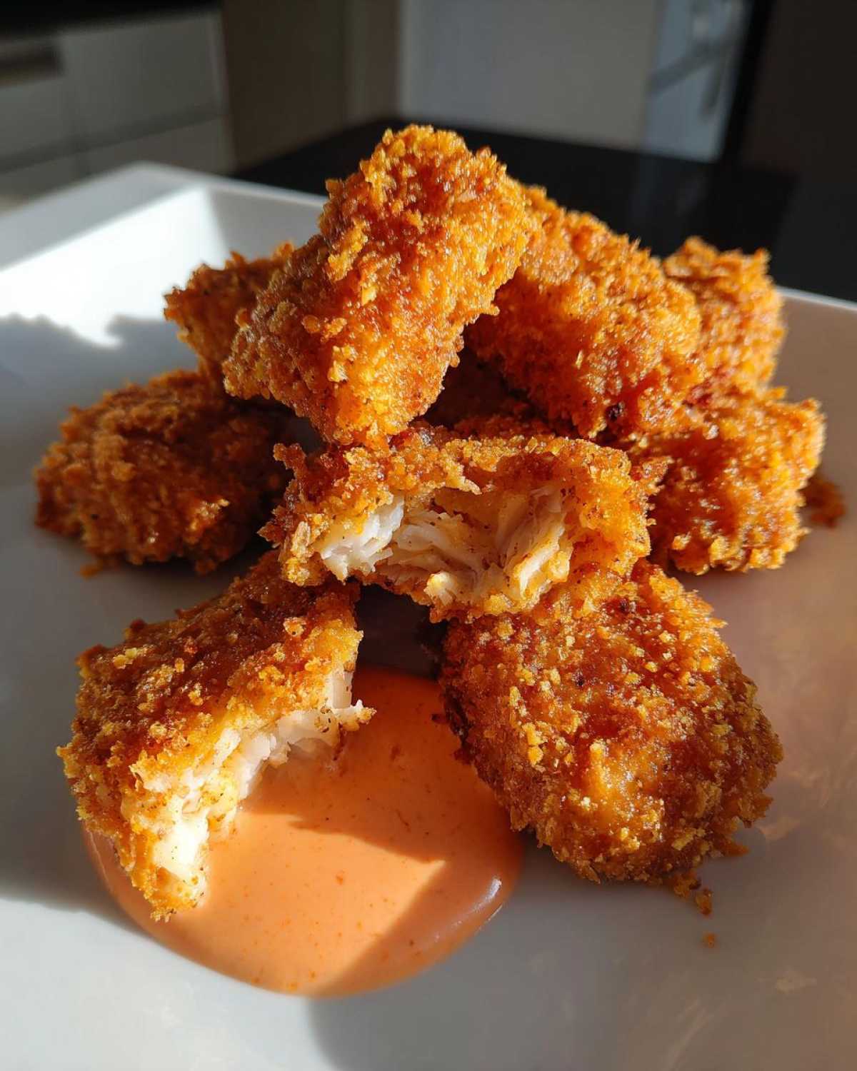 Golden brown, extra crispy chicken nuggets piled on a white plate with one broken open, showing the white meat and dipping into a pool of spicy mayo.