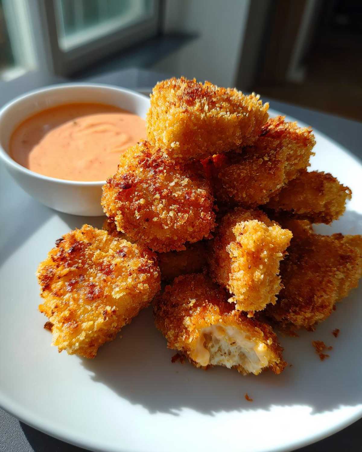 A pile of golden brown Crispy Chicken Nuggets with Spicy Mayo served on a white plate.