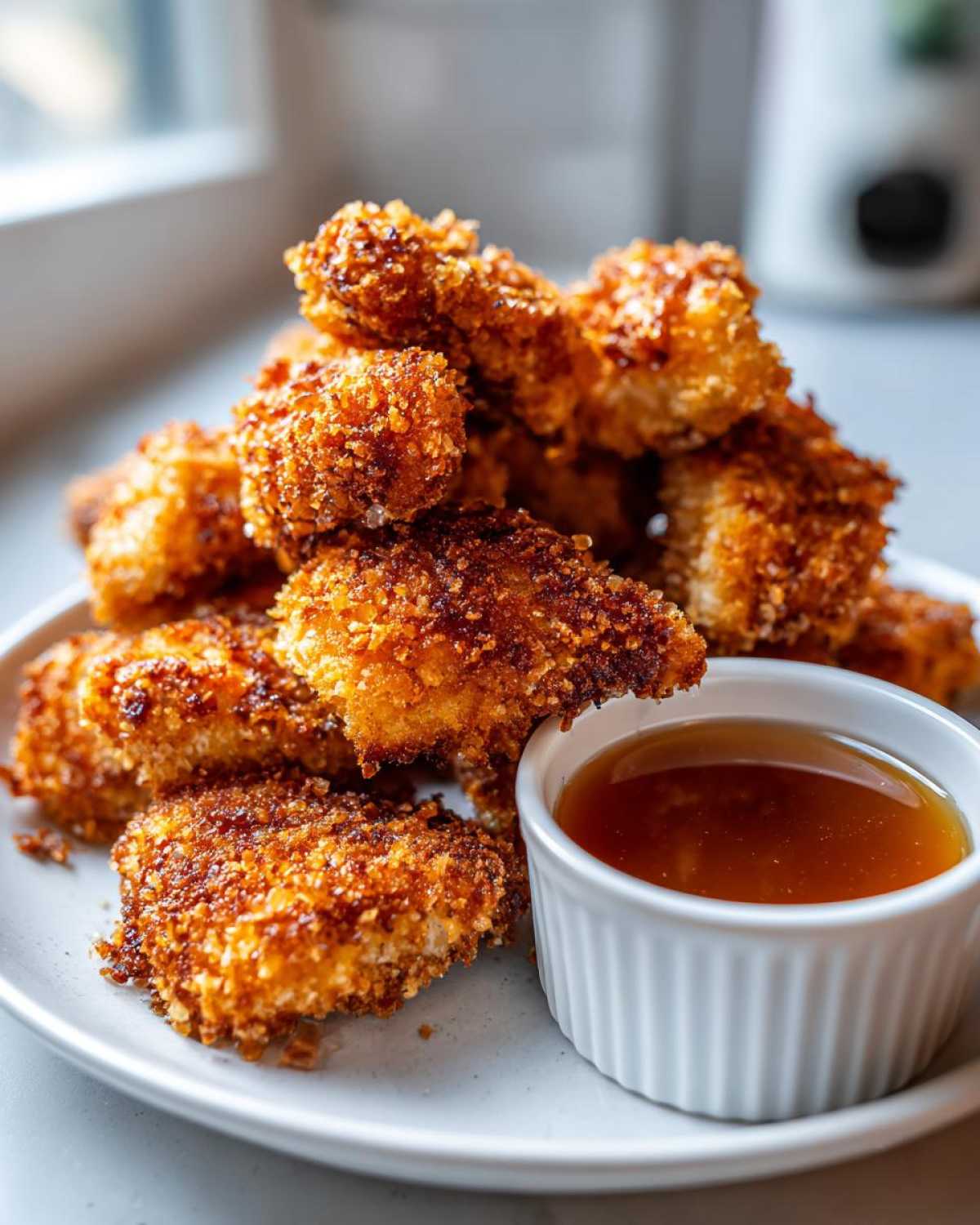 A pile of golden brown, crispy chicken nuggets served with a small white ramekin of honey dip.