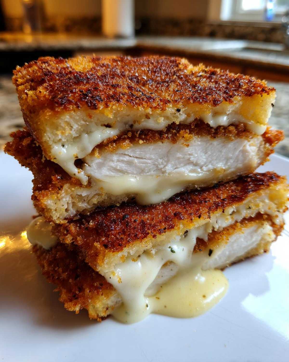 Close-up of a Crispy Chicken Sandwich with Garlic Parmesan Sauce, showing stacked layers of crispy chicken and melting cheese.