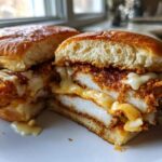 A cross-section view of a Crispy Chicken Sandwich with Garlic Parmesan Sauce, showing thick fried chicken and melted cheese on a brioche bun.