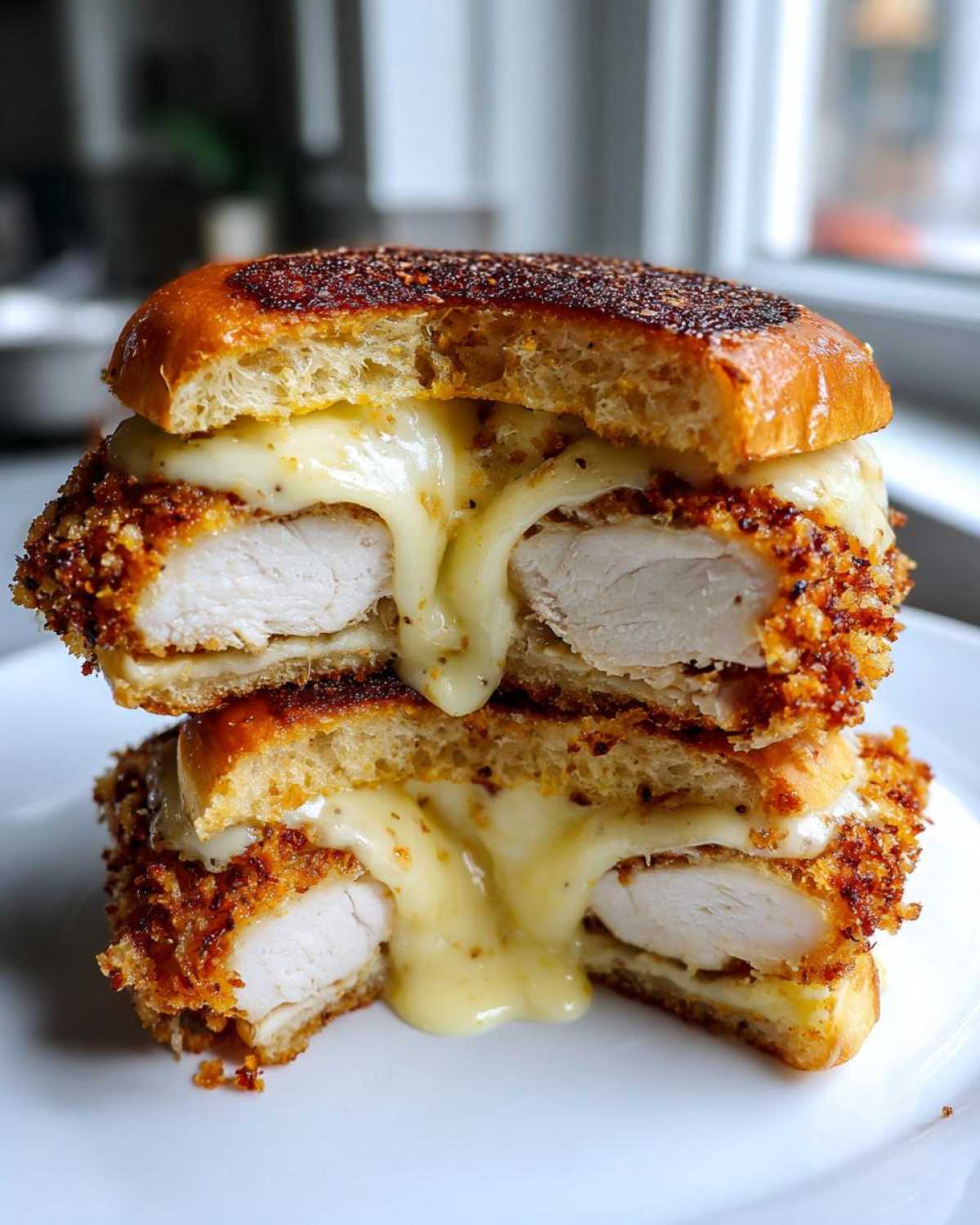 Close-up of a Crispy Chicken Sandwich with Garlic Parmesan Sauce cut in half, showing melted cheese oozing over the fried chicken.