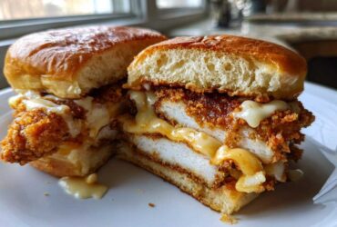 A cross-section view of a Crispy Chicken Sandwich with Garlic Parmesan Sauce, showing thick fried chicken and melted cheese on a brioche bun.