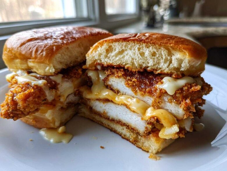 A cross-section view of a Crispy Chicken Sandwich with Garlic Parmesan Sauce, showing thick fried chicken and melted cheese on a brioche bun.