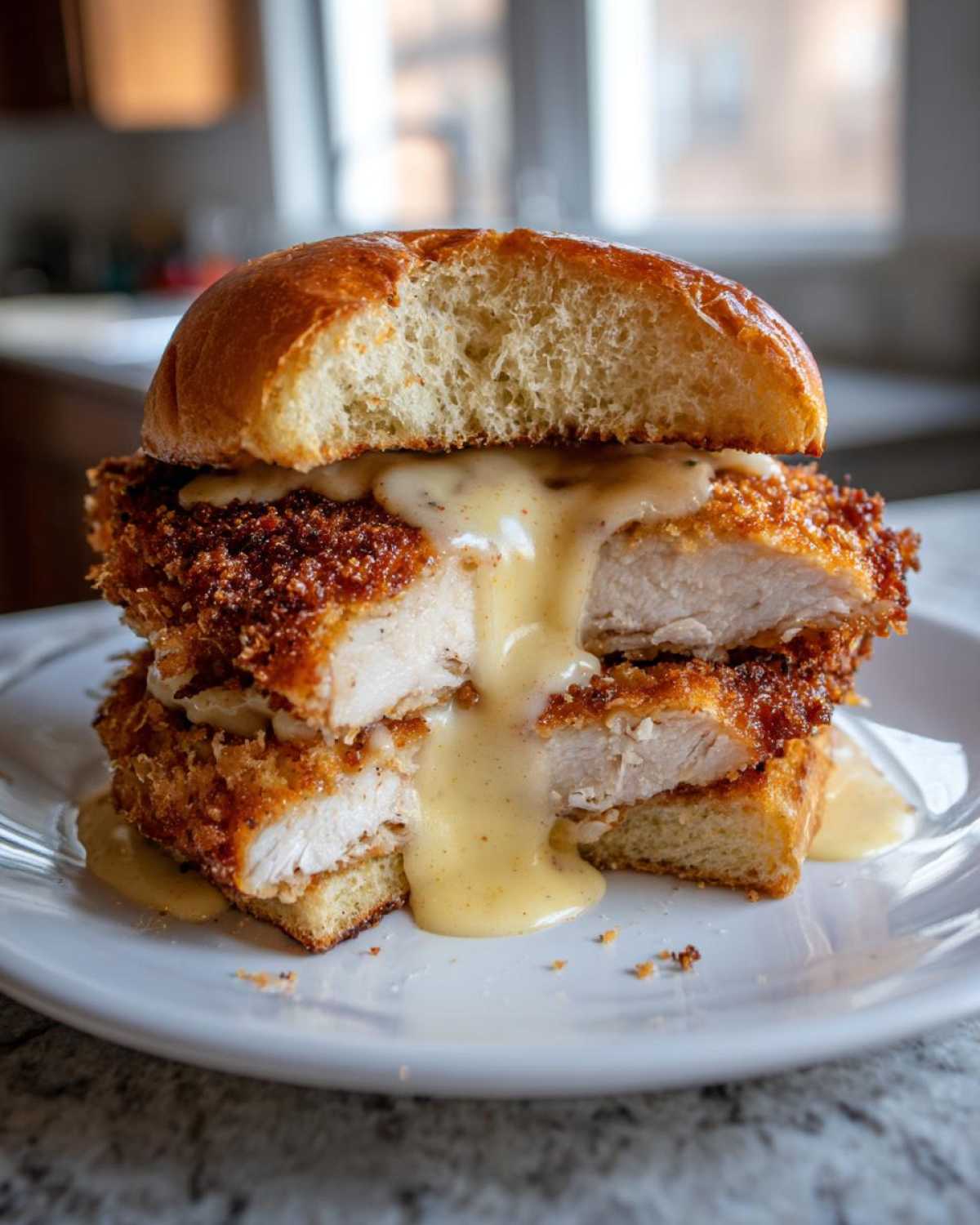 Cross-section of a Crispy Chicken Sandwich with Garlic Parmesan Sauce, showing thick fried chicken and dripping sauce on a brioche bun.