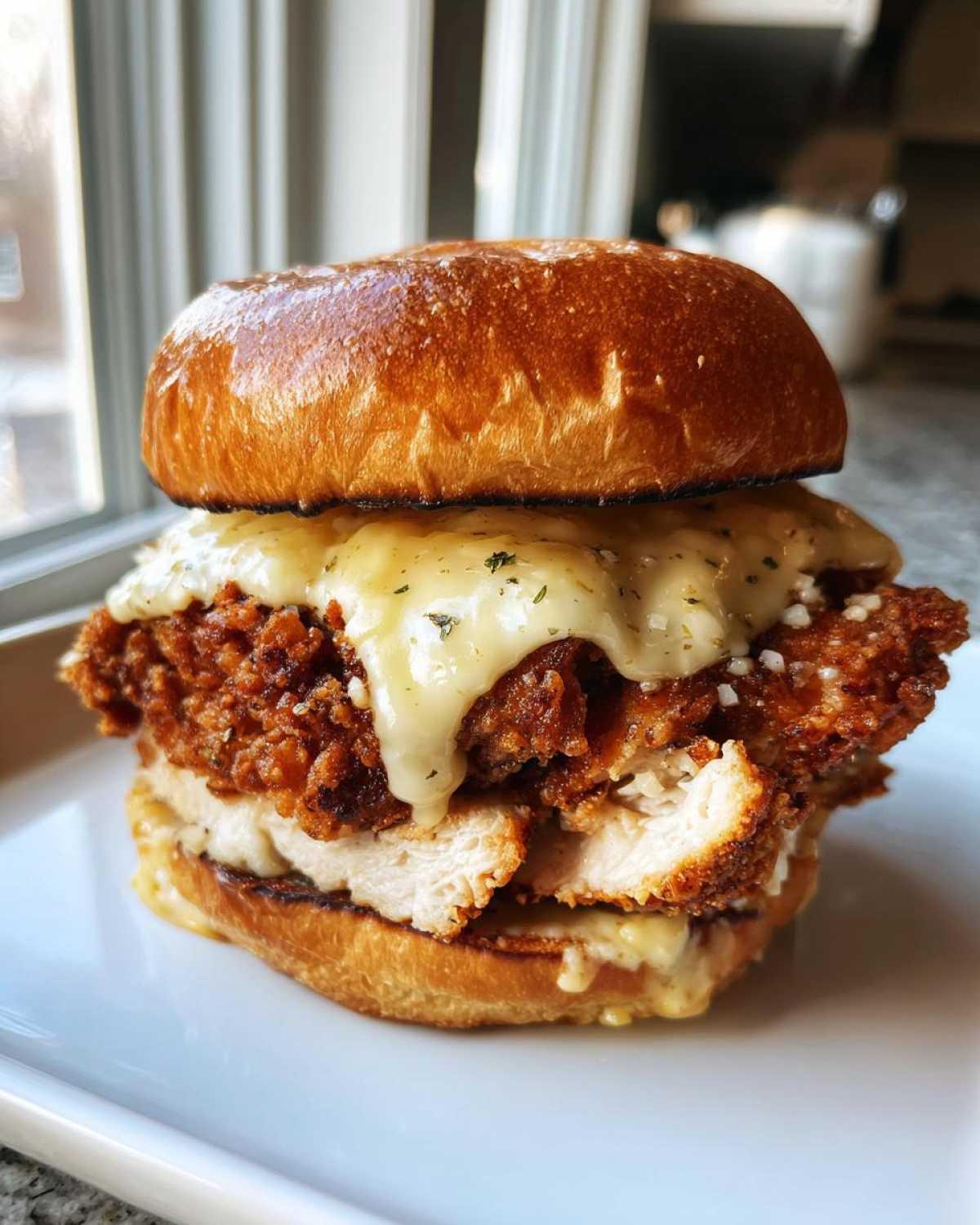 A towering Crispy Chicken Sandwich with Garlic Parmesan Sauce dripping over the fried chicken fillet on a brioche bun.