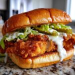 A juicy Crispy Chicken Sandwich with Garlic Sauce, topped with lettuce and pickles on a brioche bun.