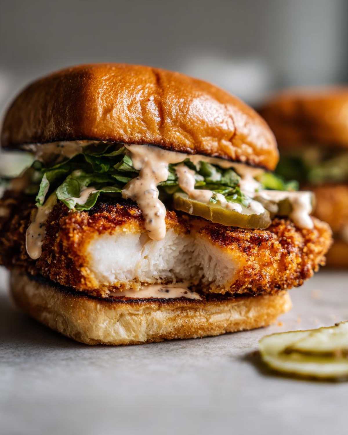 A close-up of a Crispy Chicken Sandwich with Garlic Sauce, showing the thick, juicy chicken fillet and dripping sauce.