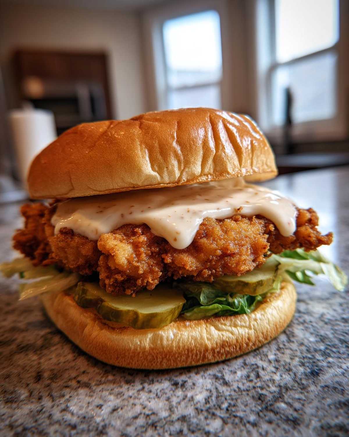 A close-up of a Crispy Chicken Sandwich with Garlic Sauce, featuring a thick fried chicken patty, pickles, lettuce, and a creamy sauce on a brioche bun.