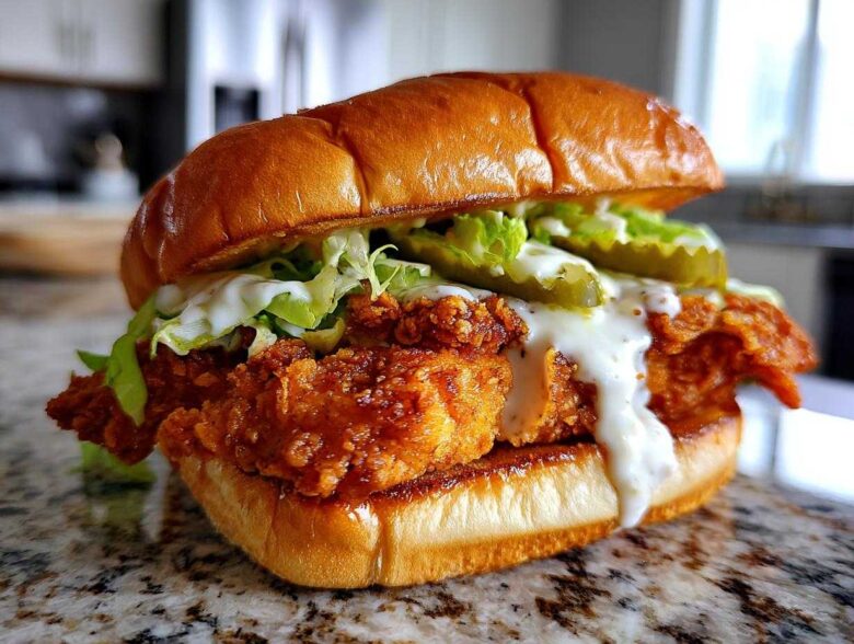 A juicy Crispy Chicken Sandwich with Garlic Sauce, topped with lettuce and pickles on a brioche bun.