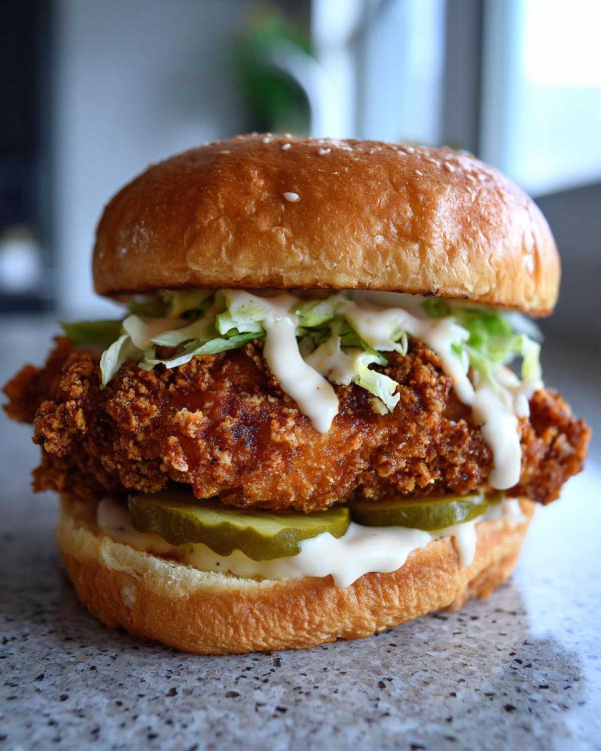 A close-up of a Crispy Chicken Sandwich with Garlic Sauce, featuring a thick fried patty, pickles, lettuce, and a sesame seed bun.