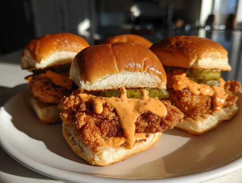 A close-up of four Crispy Chicken Sliders with Spicy Mayo and pickles served on a white plate.