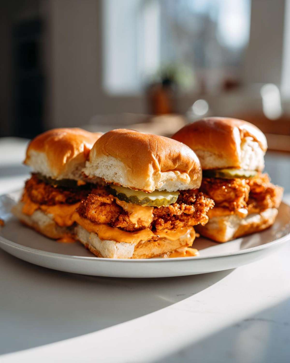 Three Crispy Chicken Sliders with Spicy Mayo, melted cheese, and pickles served on a white plate.