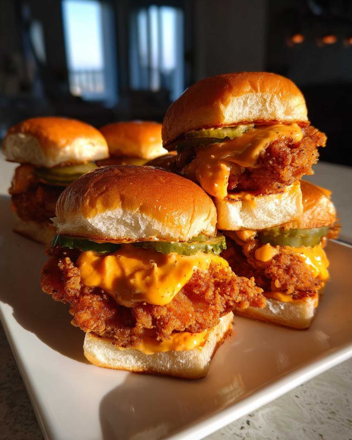 A close-up stack of several Crispy Chicken Sliders with Spicy Mayo, pickles, and melted cheese on a white plate.