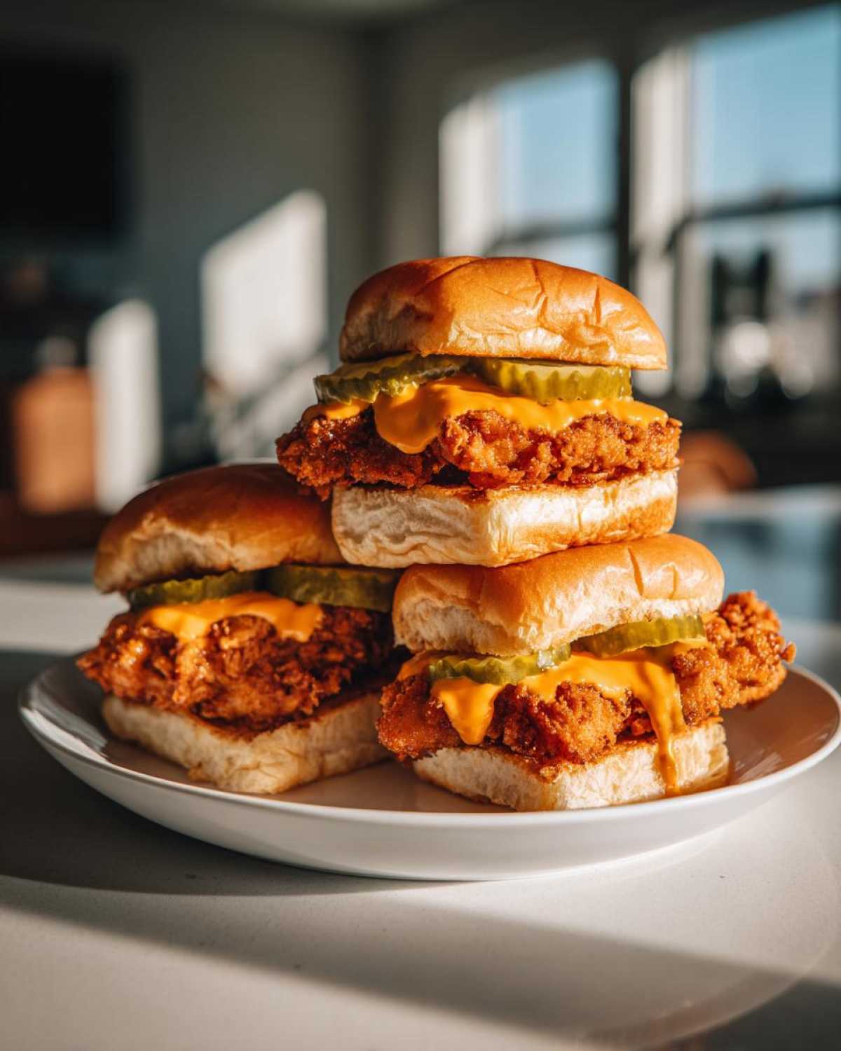 A stack of three delicious Crispy Chicken Sliders with melted cheese and pickles on a white plate.