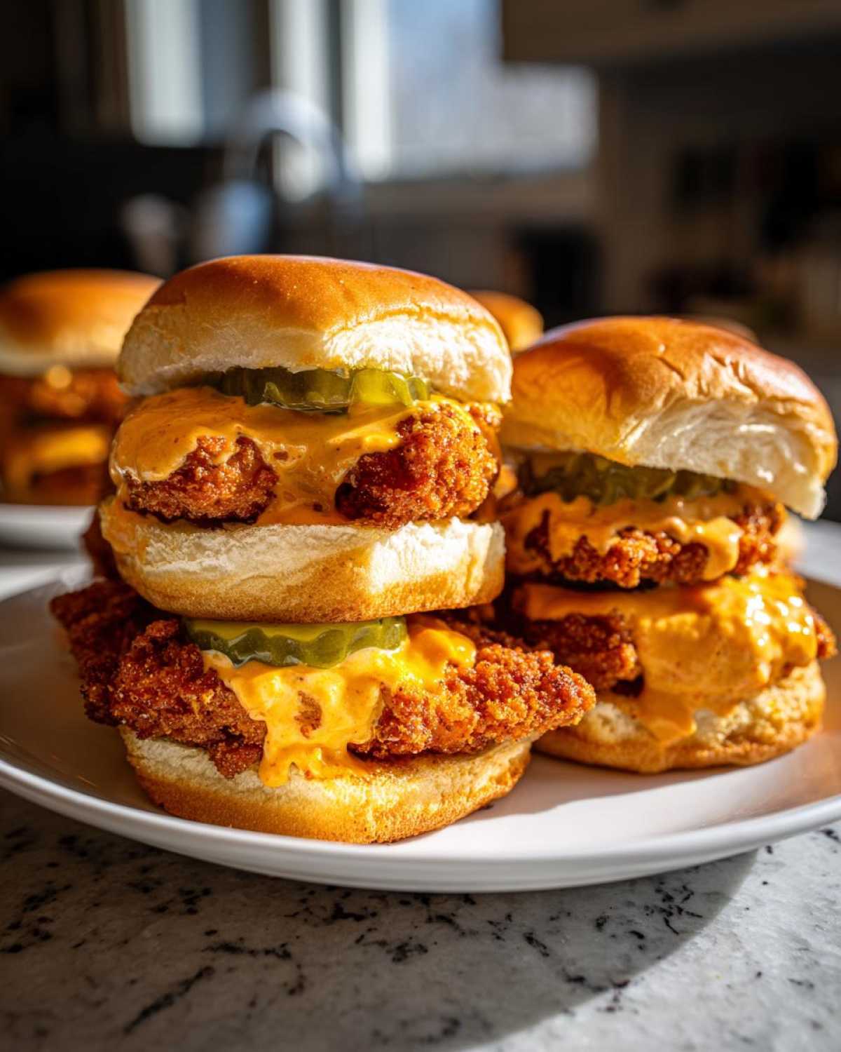 Close-up of stacked Crispy Chicken Sliders with Spicy Mayo, pickles, and melted cheese on brioche buns.