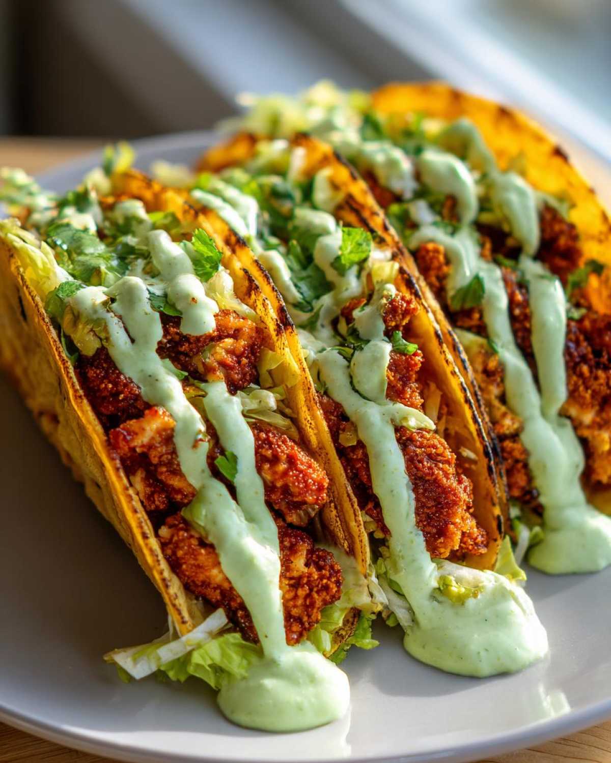 Three crispy chicken tacos filled with lettuce and generously drizzled with avocado cream sauce.