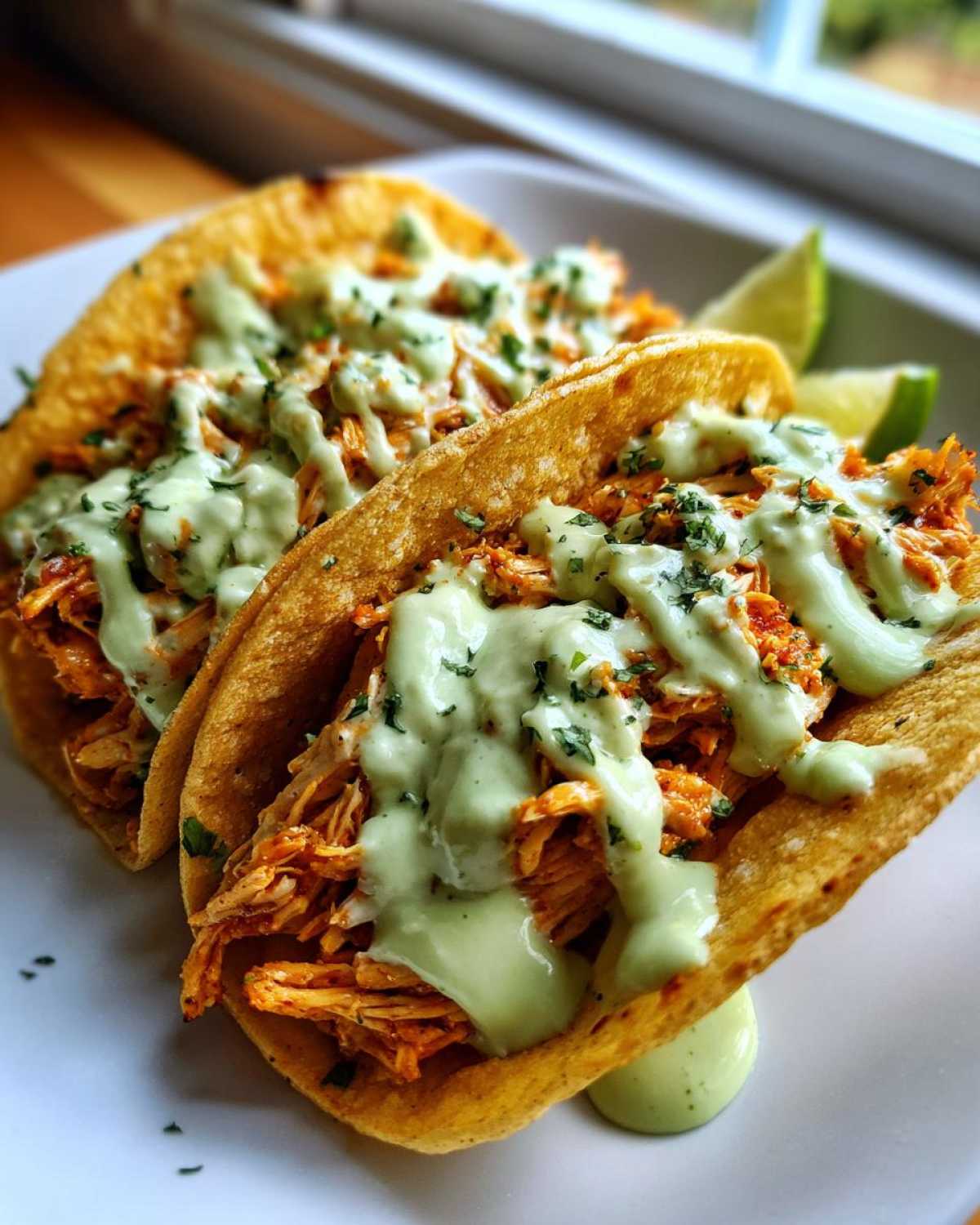 Two crispy tacos filled with shredded chicken and generously drizzled with avocado cream sauce.