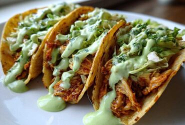 Three Crispy Chicken Tacos loaded with shredded chicken, lettuce, and drizzled generously with avocado cream sauce.
