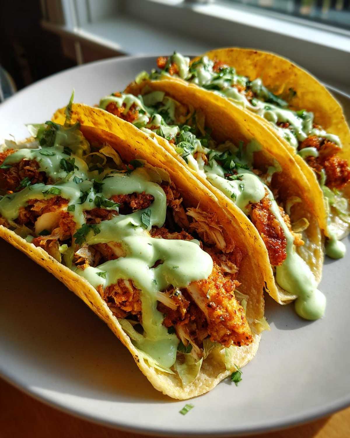 Three crispy chicken tacos filled with shredded chicken, lettuce, and generously drizzled with bright green avocado cream sauce.