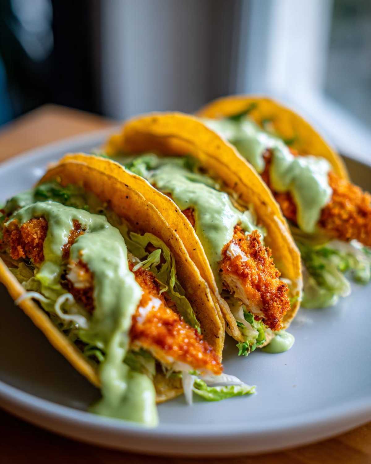 Three Crispy Chicken Tacos with shredded lettuce and a generous drizzle of light green avocado cream sauce on a gray plate.