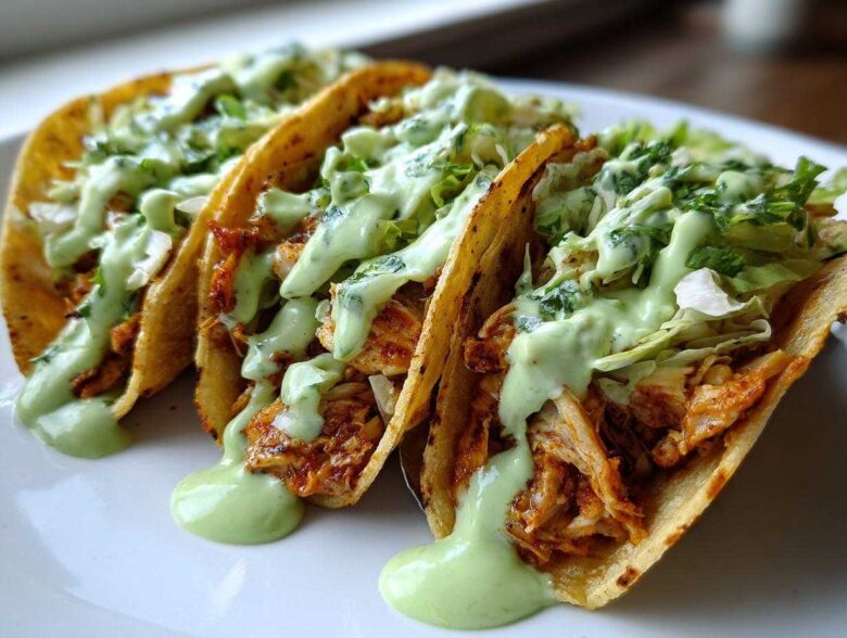 Three Crispy Chicken Tacos loaded with shredded chicken, lettuce, and drizzled generously with avocado cream sauce.