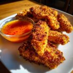 Golden brown, crispy chicken tenders served on a white plate next to a small bowl of spicy honey dip.