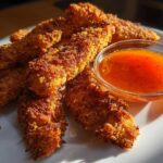 A plate of golden brown Crispy Chicken Tenders served next to a small bowl of bright orange Spicy Honey Dip.