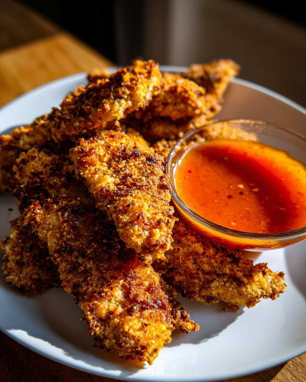 Golden brown, crispy chicken tenders served on a white plate next to a small bowl of spicy honey dip.