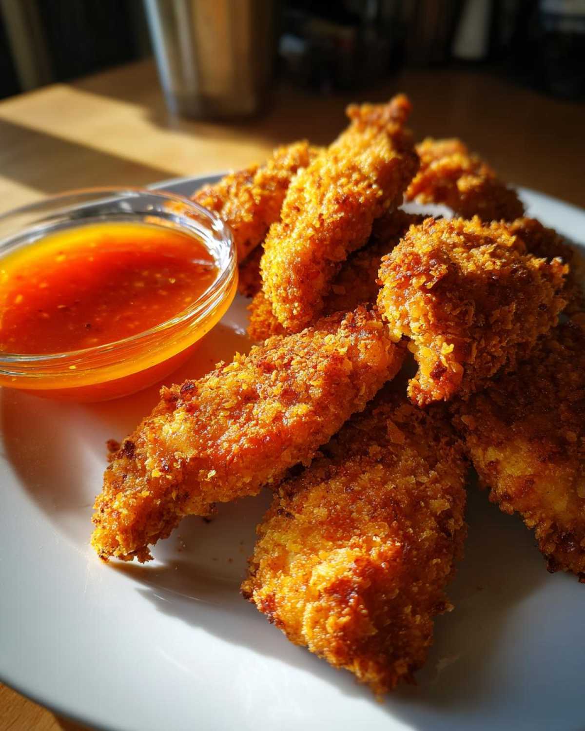 A plate of golden brown Crispy Chicken Tenders served next to a small bowl of spicy honey dip.