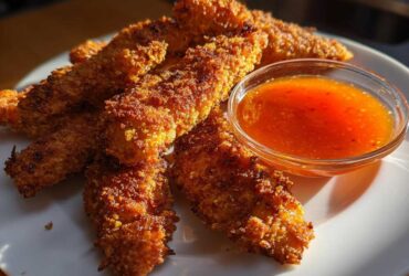 A plate of golden brown Crispy Chicken Tenders served next to a small bowl of bright orange Spicy Honey Dip.