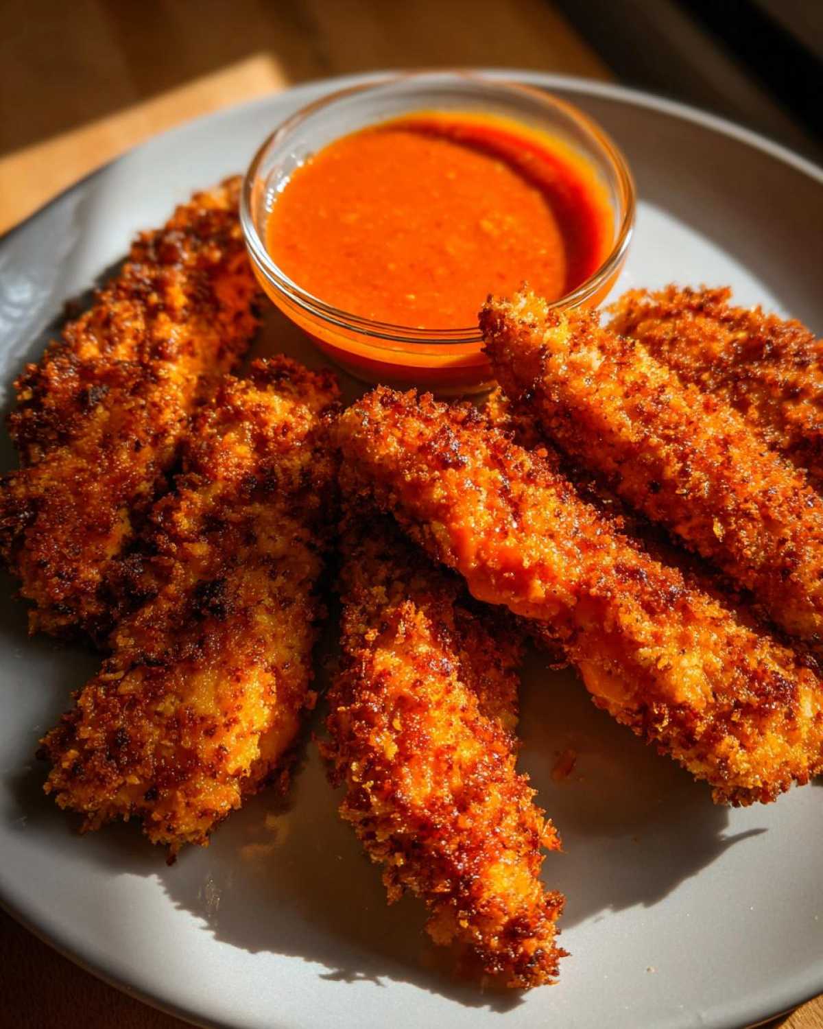 Several golden brown, crispy chicken tenders arranged on a gray plate next to a small bowl of bright orange spicy honey dip.