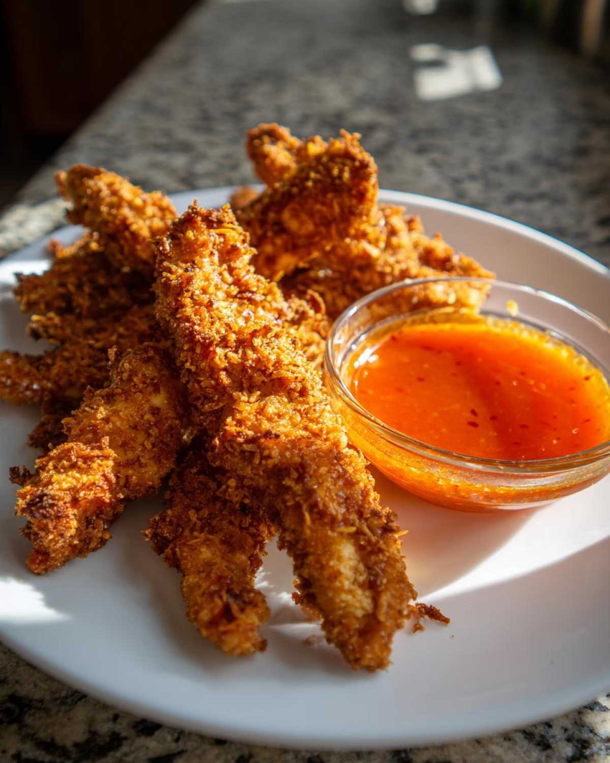 Golden brown Crispy Chicken Tenders served on a white plate next to a small bowl of bright orange Spicy Honey Dip.
